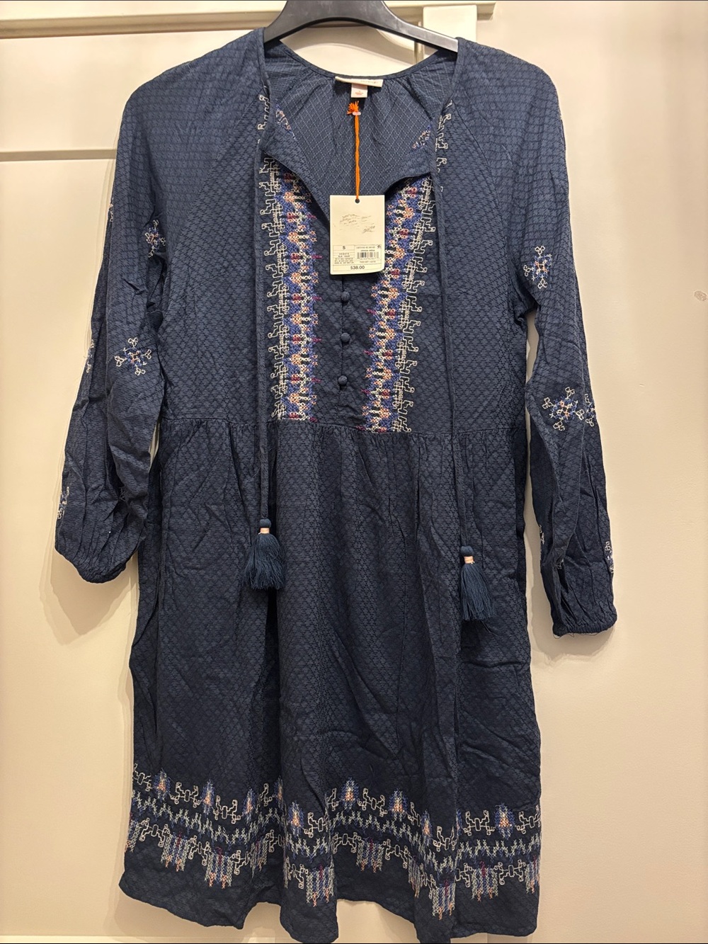 Knox Rose Navy Blue Embroidered Boho Dress with Tassels